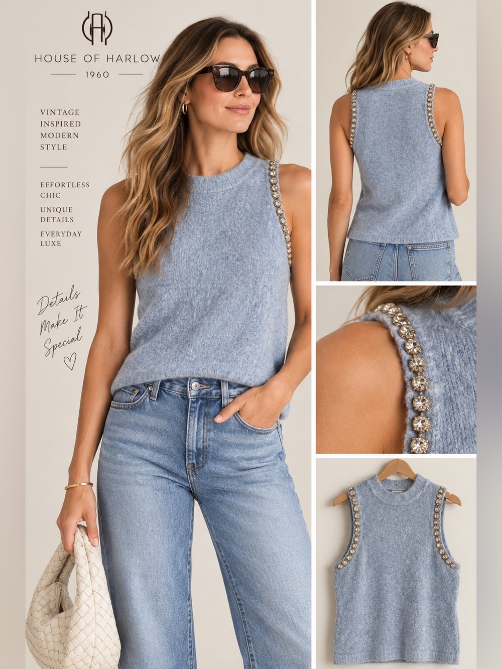 House of Harlow 1960 Light Blue Sleeveless Embellished Knit Tank. NWT. M